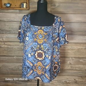 SHEIN Blue and Orange Paisley Square-Neck Short-Sleeve Top